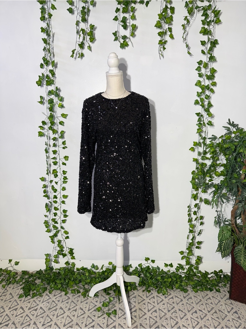 Aura Black Sequin Long Sleeve Mini Dress